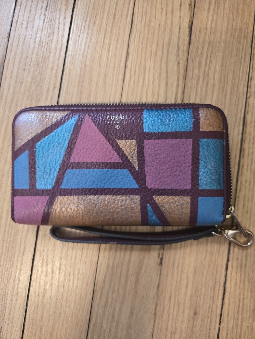 HANDCRAFTED Upcycled Leather Wallet HANDPAINTED Abstract Geometric Wristlet